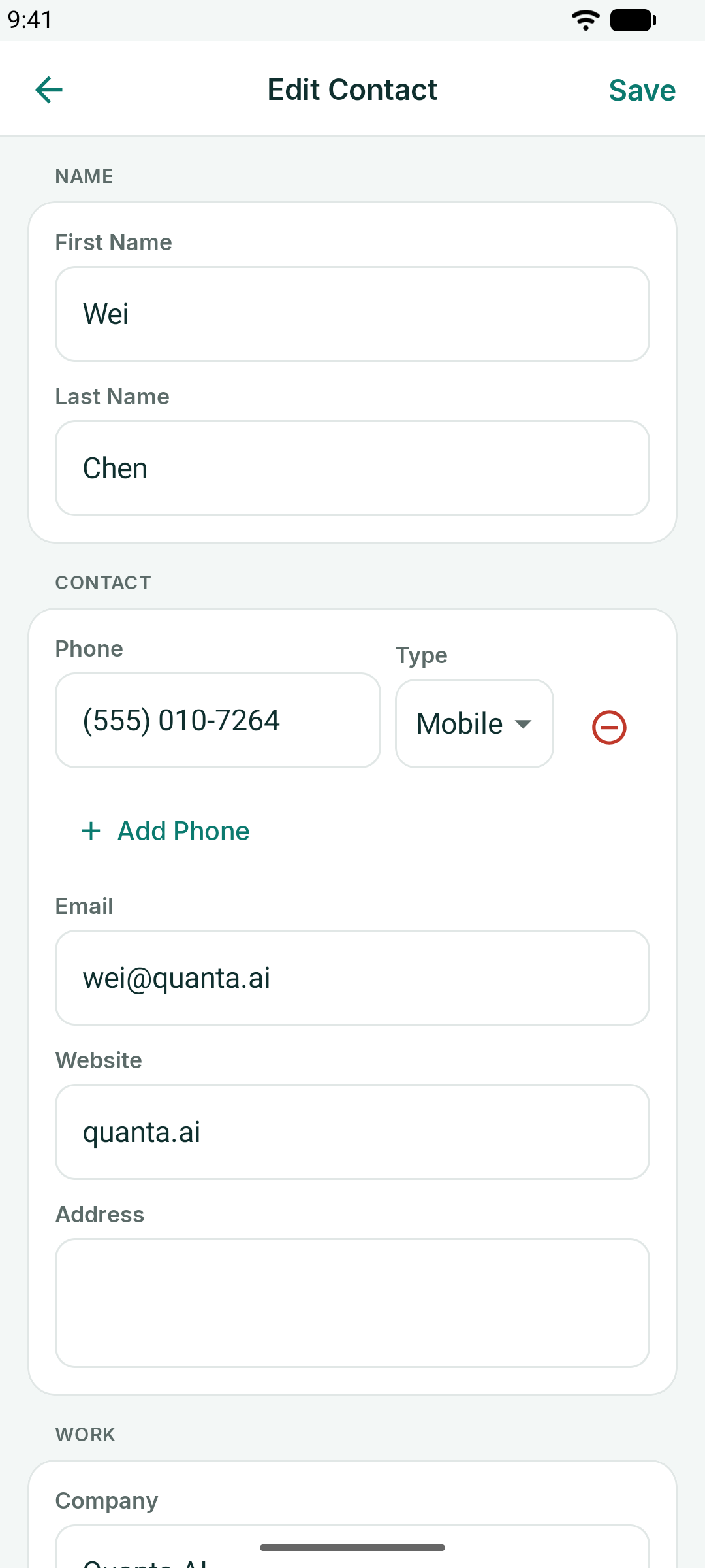 Contact editor with name, phone, email, website and social fields