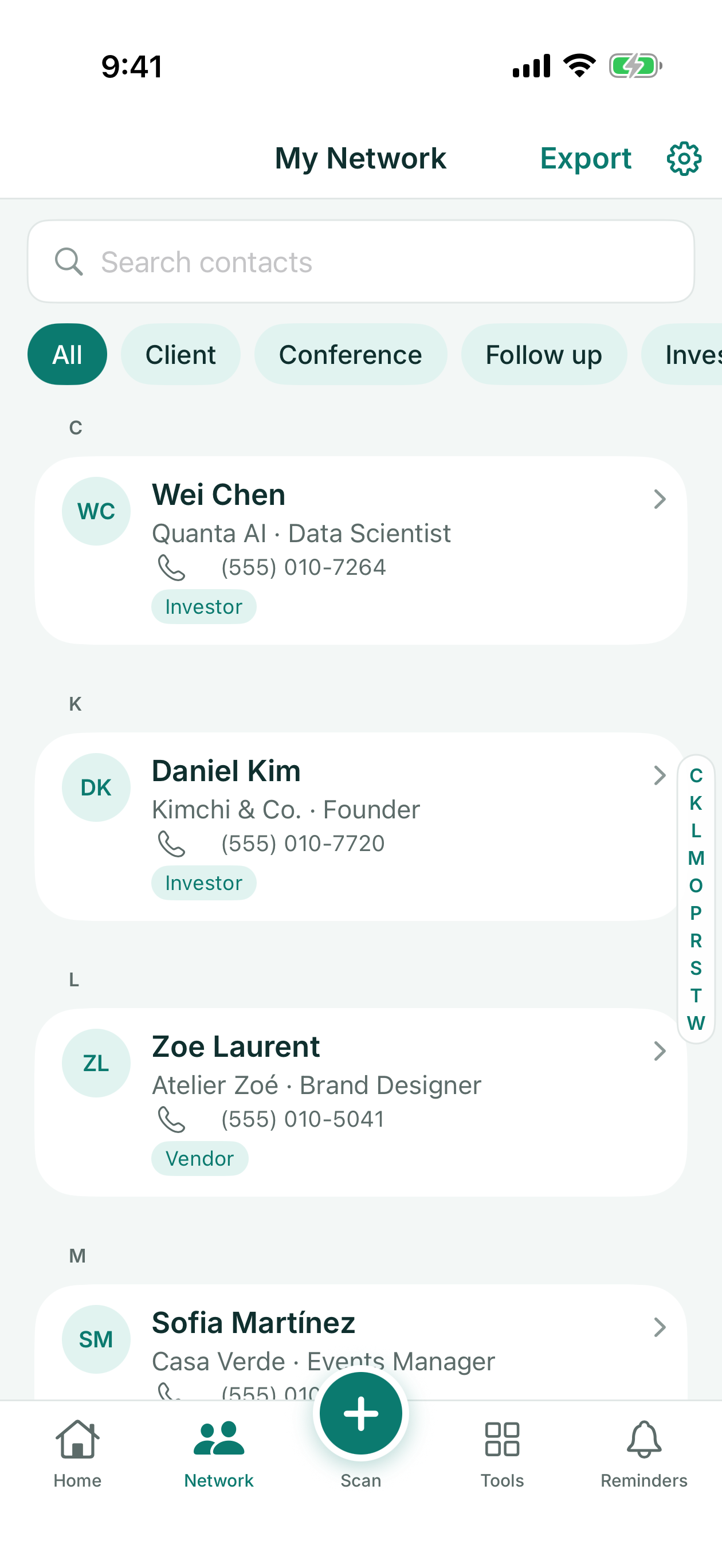 My Network list with search, tag filter chips and the A-Z index