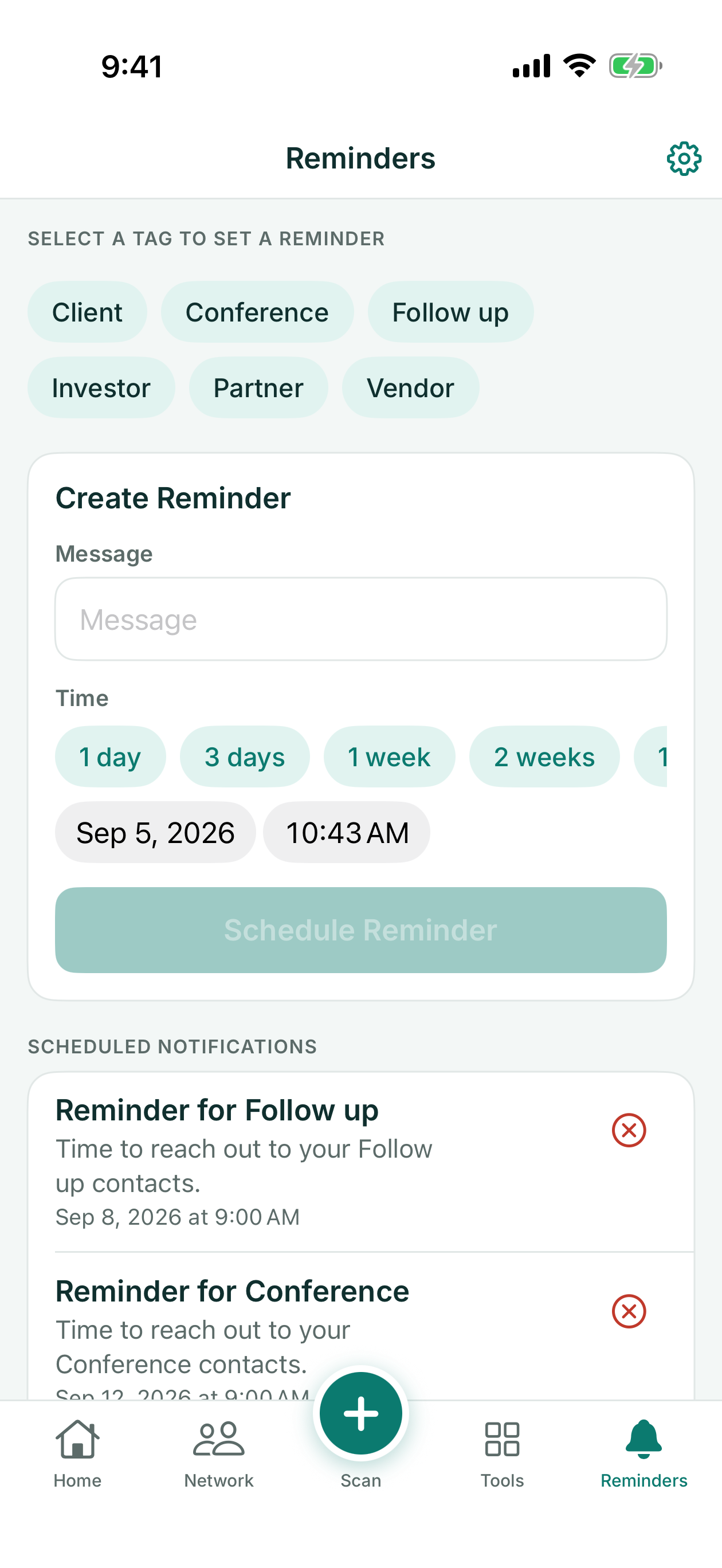 Reminders screen with tag chips, the reminder form and scheduled follow-ups