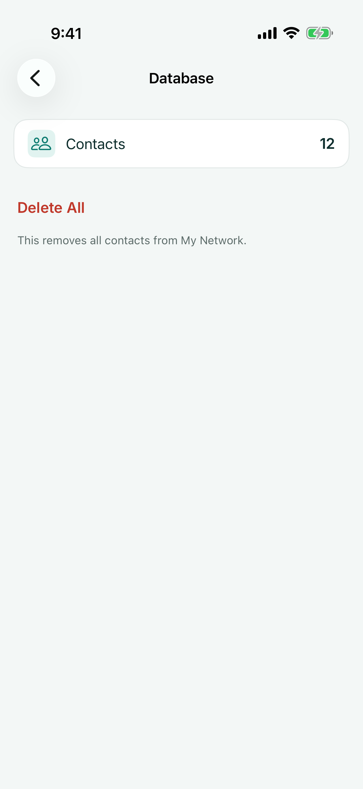 Database settings with the contact count and Delete All